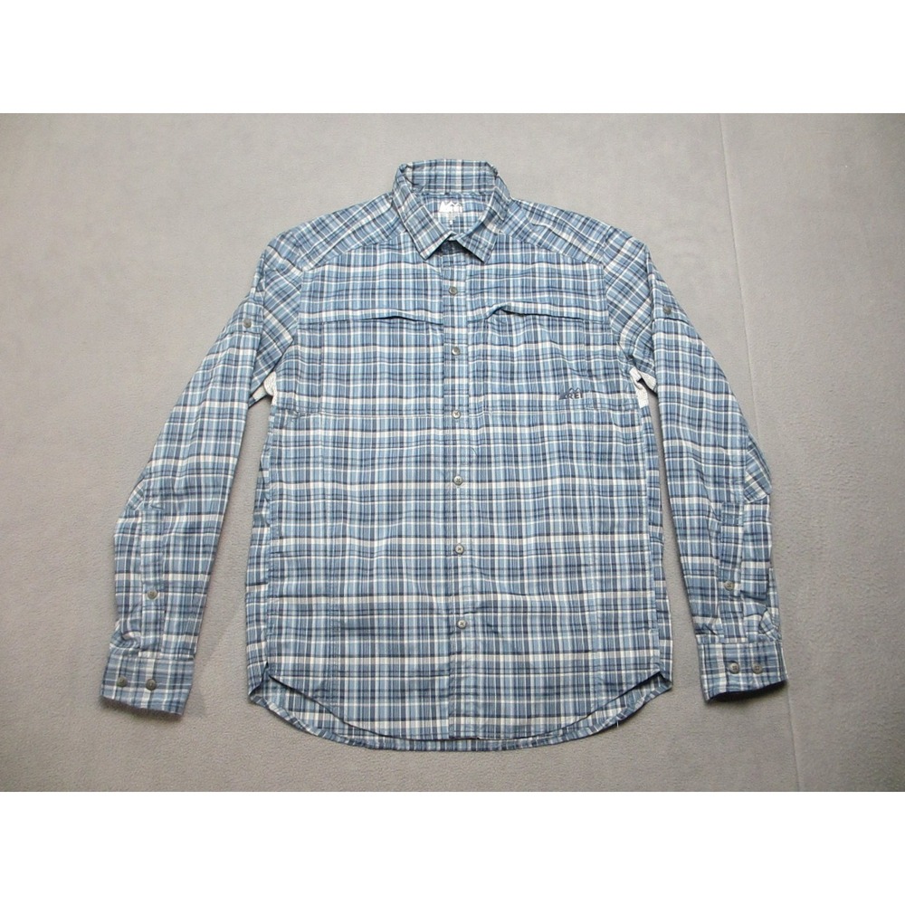 REI Shirt Mens Small Blue Plaid Stretch Roll Tab Sleeve Fishing Vented Button Up